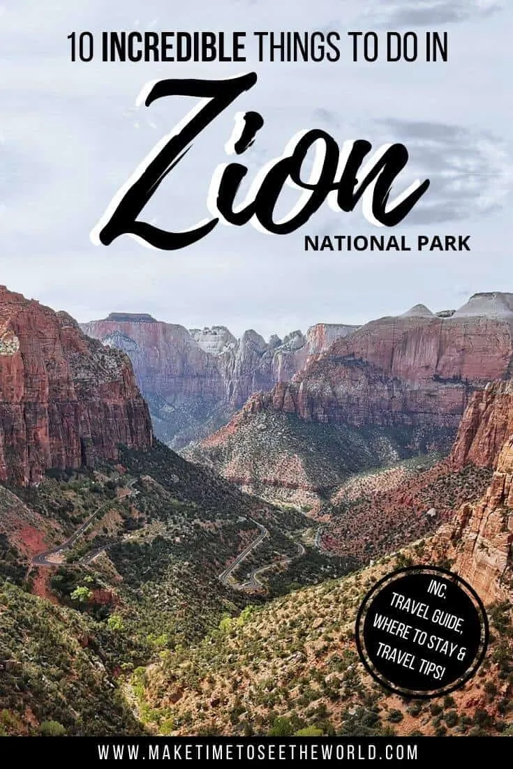 Top Things to do in Zion National Park pin image with text overlay above an aerial view of the national park