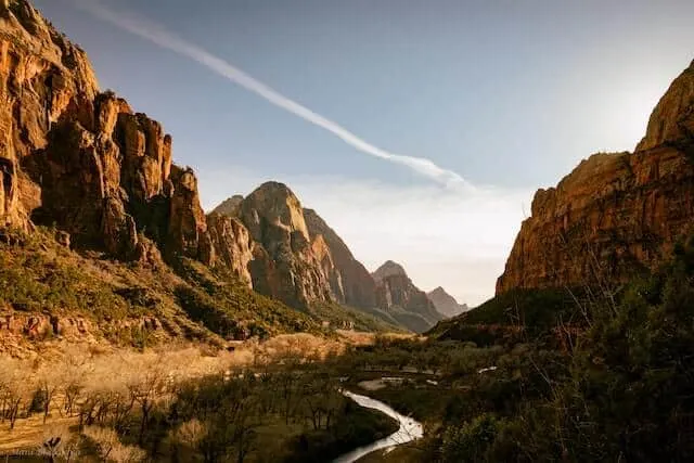 Zion National Park Valley with a road winding through it