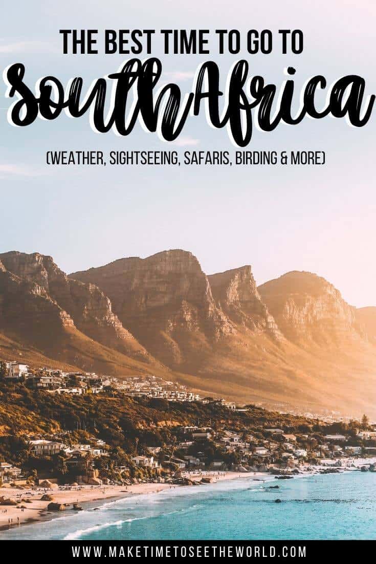 Pin image featuring an aerial view of Cape Town and Table mountain at sunset with text overlay stating : The Best Time to go to South Africa (weather, sightseeing, safaris, birding and more)