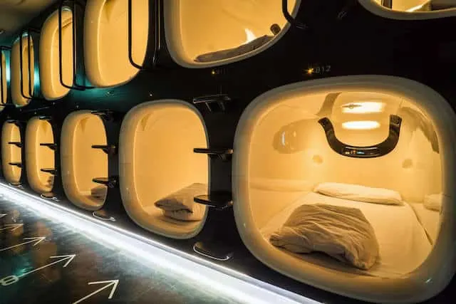 Pods of a capsule hotel in Kyoto