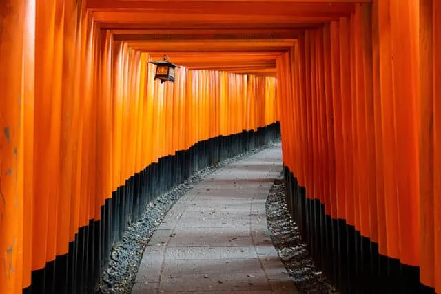 Red tori gates lined up above a path at Fushimi Inari Taisha shrine