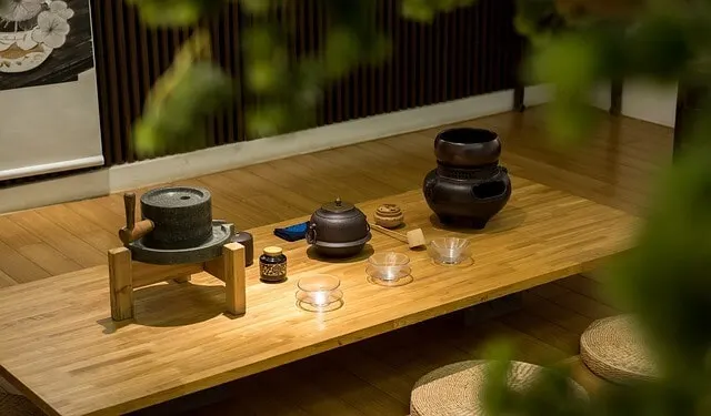 Low table set up for a traditional tea ceremony in Japan