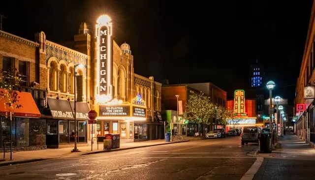 Michigan State Theater Ann Arbor lit up at night