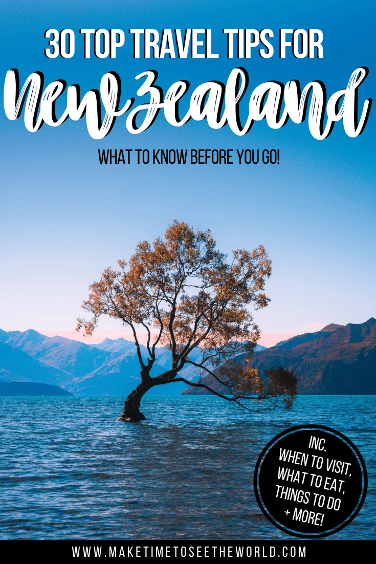 New Zealand Tips Pin Image featuring the Wanaka Tree under a clear blue sky surrounded by water
