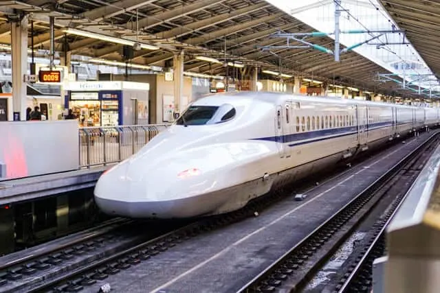 The duck billed white bullet train known as the Shinkansen