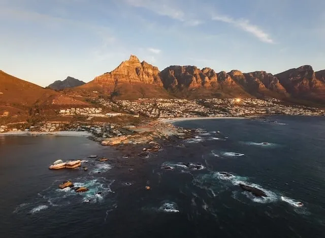 Aerial view of the Cape Town coast with Lions head mountain in the background