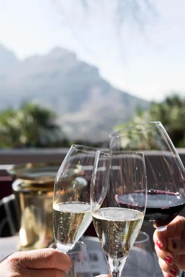 Two champagne flutes and one gladd of red wine being held together in a cheers, in focus, with the Stellenbosch mountains in the background