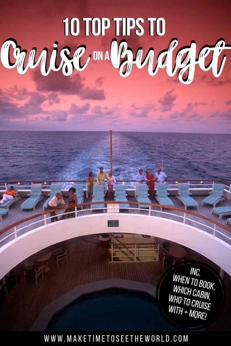 Tips to Cruise on a Budget pin image of the back of a cruise shit, with the wake of the boat in the background under pink and purple sunset sky