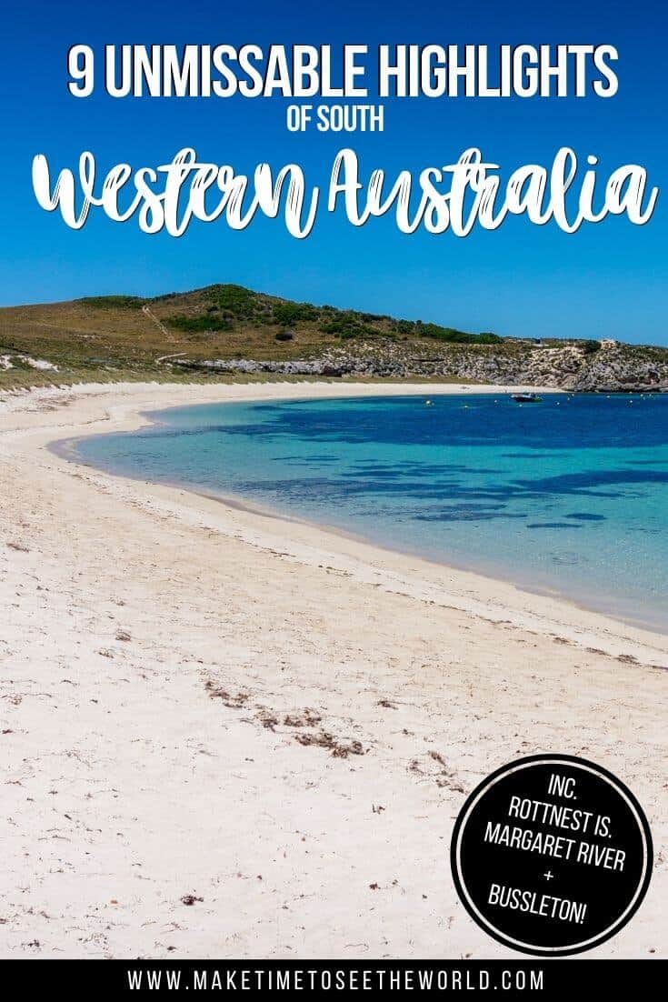 Highlights of South Western Australia pin image of a white sand beach with a grassy knoll in the background and turquoise blue water
