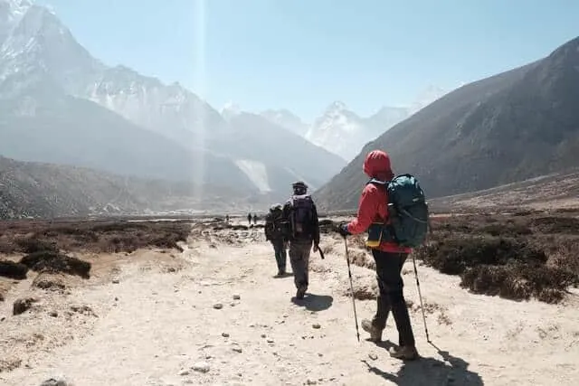 Group of hikers with hiking poles and wearing backpacks walking in a line towards the mountains in the distance