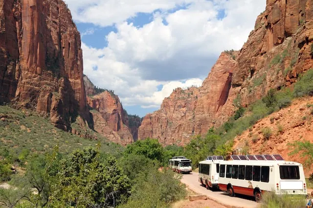 Two white and red shuttle buses corssing on the road in the canyon of Zion National Park