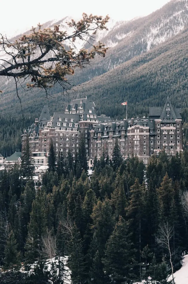Castle inspired Banff Springs Hotel from the mountain opposite
