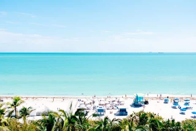 Fun things to do in Miami Florida cover photo of a white sand beach seen from over the top of a line of palm trees with the ocean behind it.