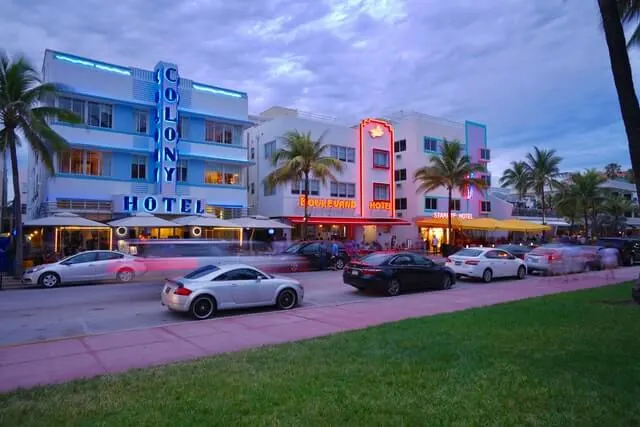 Neon name signs of Hotels on South Beach Miami