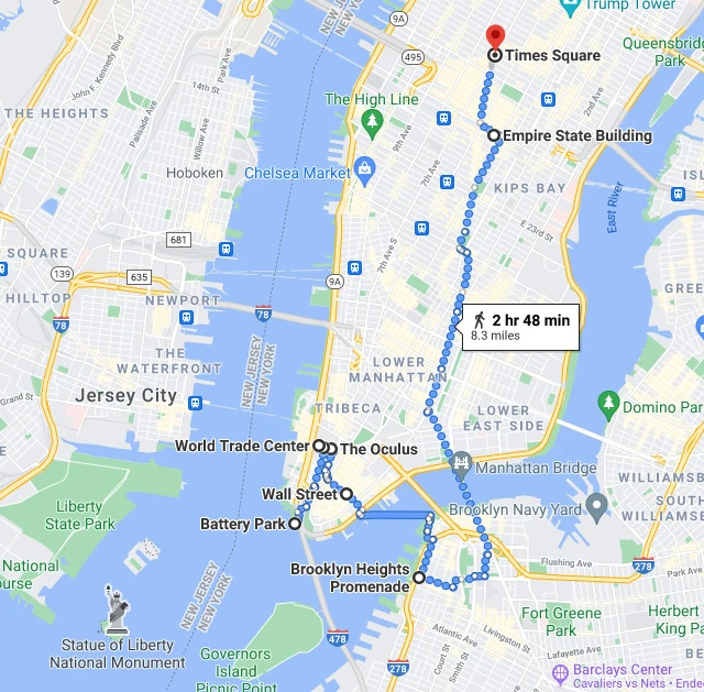 One Day in New York Itinerary Map with points of interest and walking route