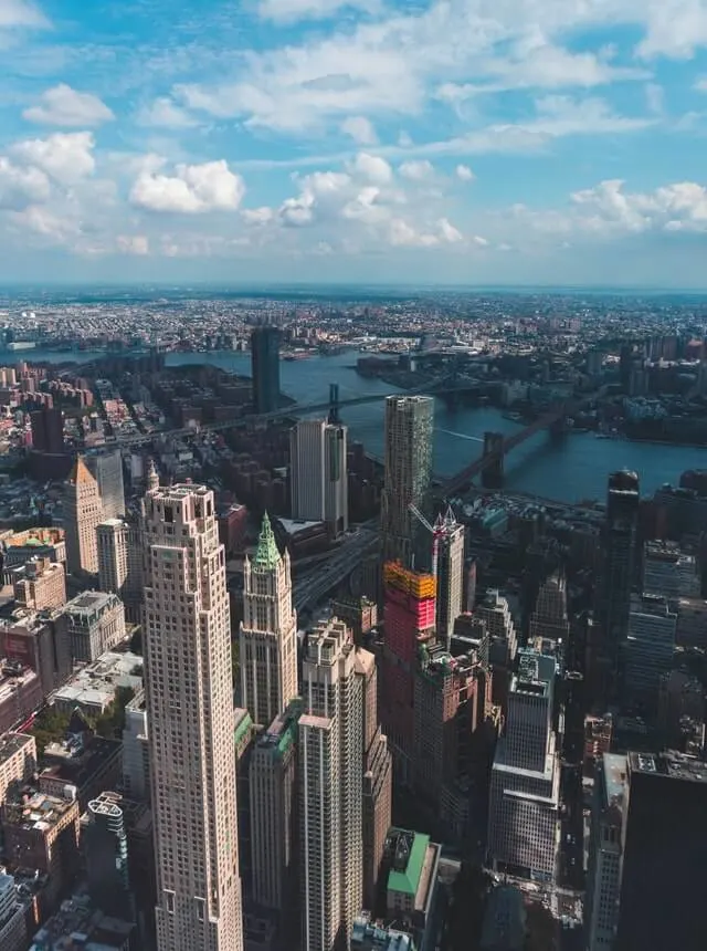 One World Trade Center Observatory View of Manhatten Island and the river that borders it