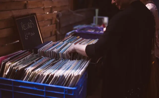 A Record Store in Brighton with boxes of Vinal LPs with a handwritten blackboard sign advising they are all 1 GBP