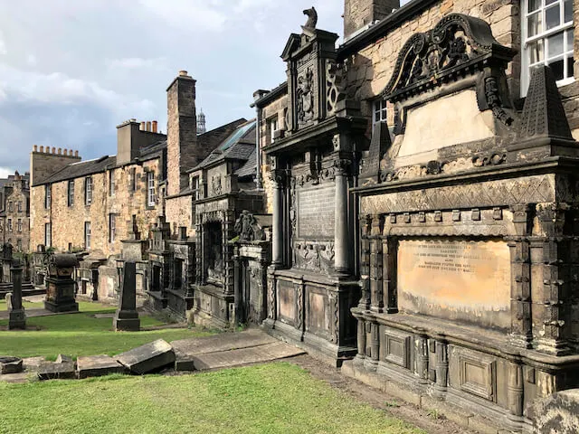 Gravestones along the wall of Greyfriars Kirkyard