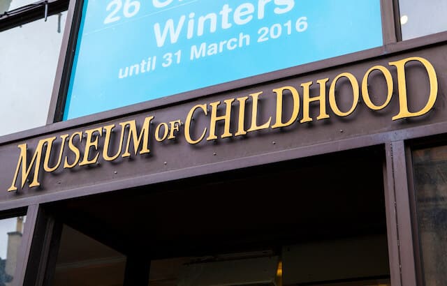 Facade and entry sign above the door of the Museum of Childhood