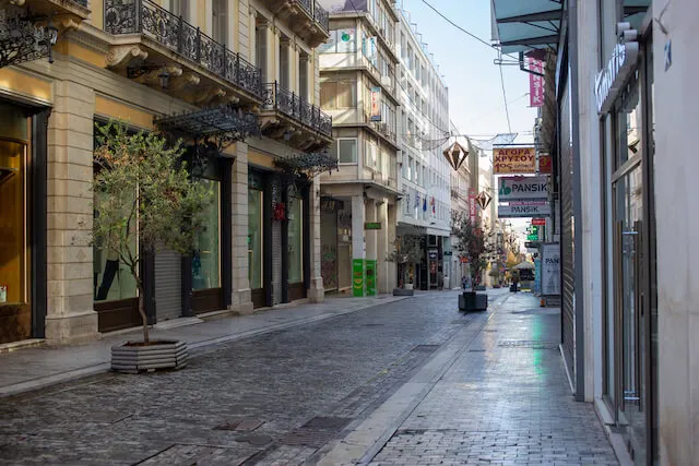 Paved, empty Ermou Street Athens