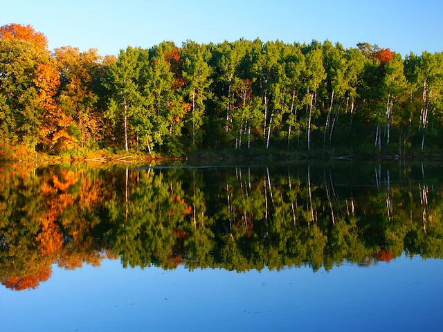 Clear still lake with trees on the bank behind which are reflected in the water at Kettle Moraine Wisconsin
