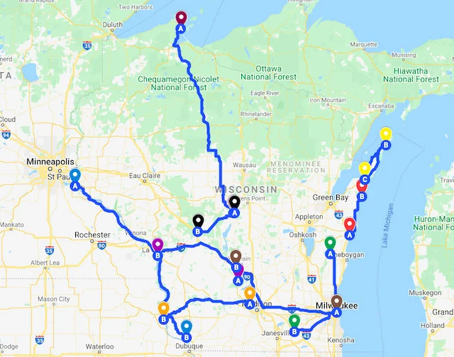 Map of the Best Wisconsin Road Trips