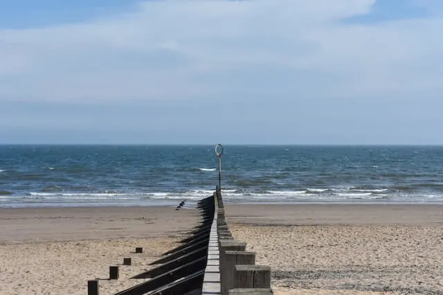 Wooden wave braker line (groyne) leading down to the ocean on Portobello Beach Edinburgh(