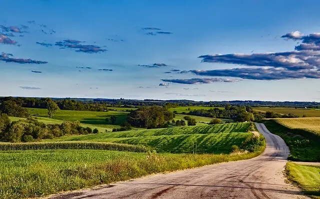 Wisconsin unsealed rustic road next to rolling green fields