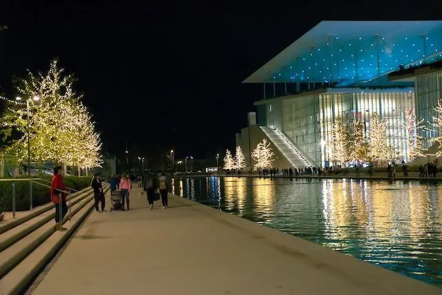 Stavros Niarchos Foundation lit up at night