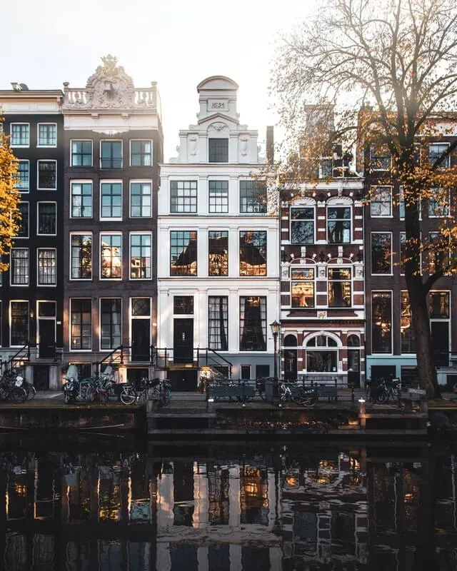 Tall skinny houses on the riverside in Amsterdam