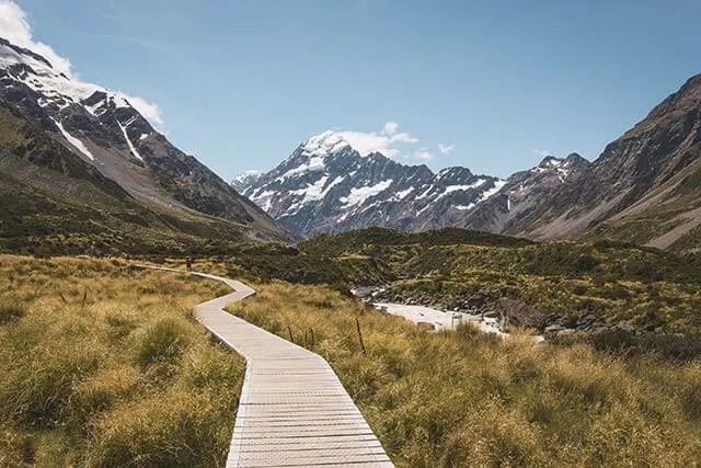 Wooden Hooker Valley Track winding through scrubland towards a snow capped peak in the distance