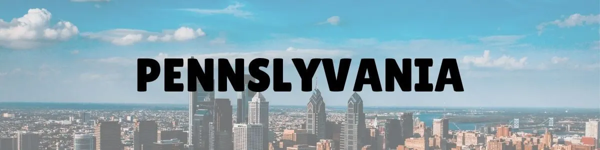 Pennslyvania written in bold black letters across a photo of a city skyline