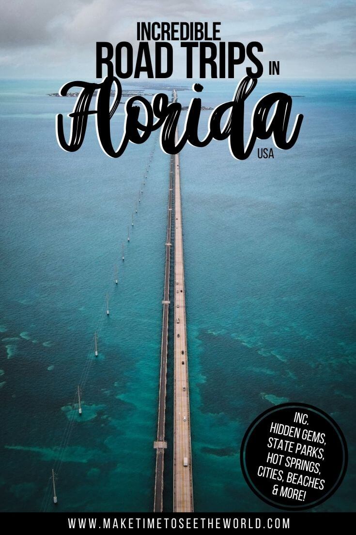 Incredible Road Trips in Florida pin image of the severn mile bridge above the water from above