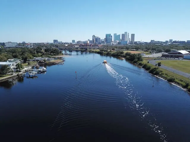 Tampa Florida view of the bay with the city skyline in the background as viewed from a Helicopter