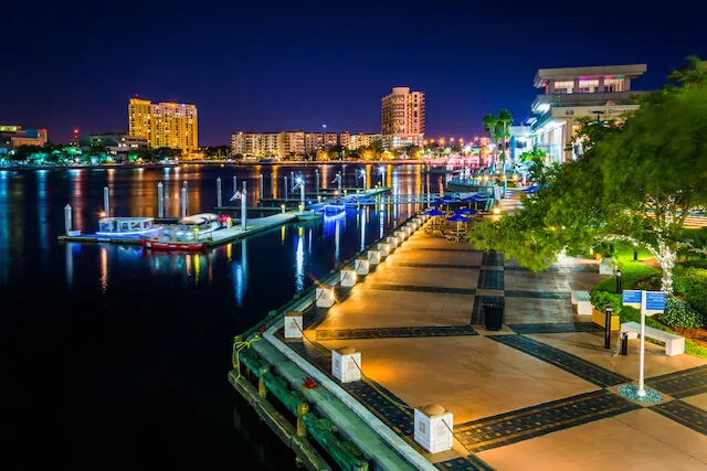 Tampa Riverwalk lit up at night
