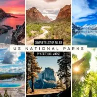 Complete List of US NATIONAL PARKS by State cover photo collage of 6 different national parks