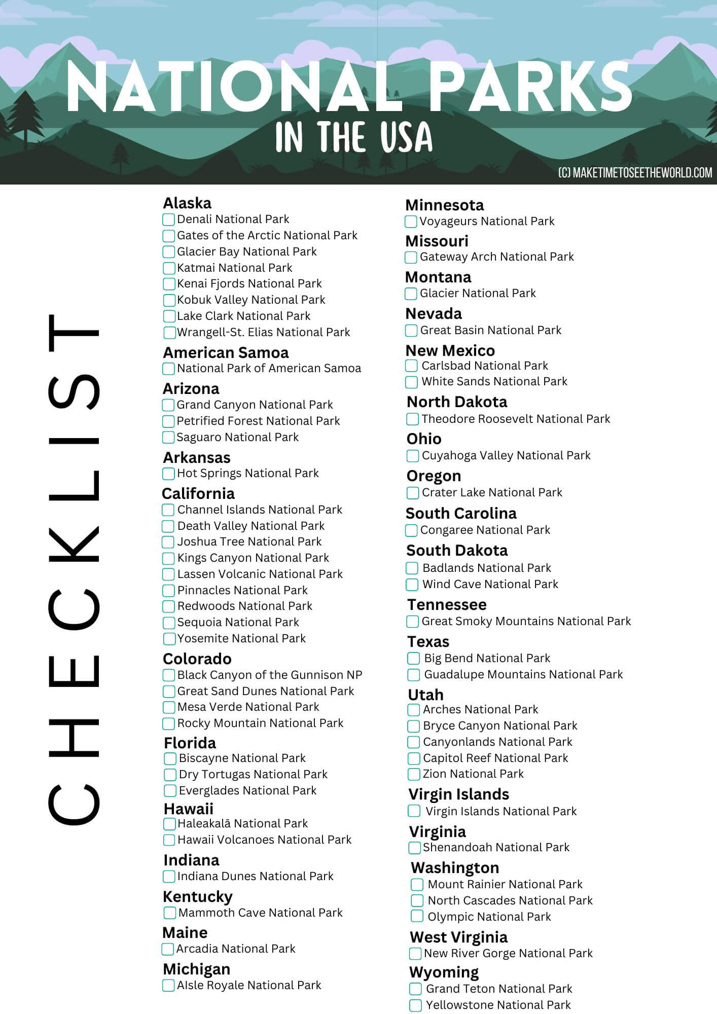 Free Printable National Parks Checklist 2023 (63 Parks)