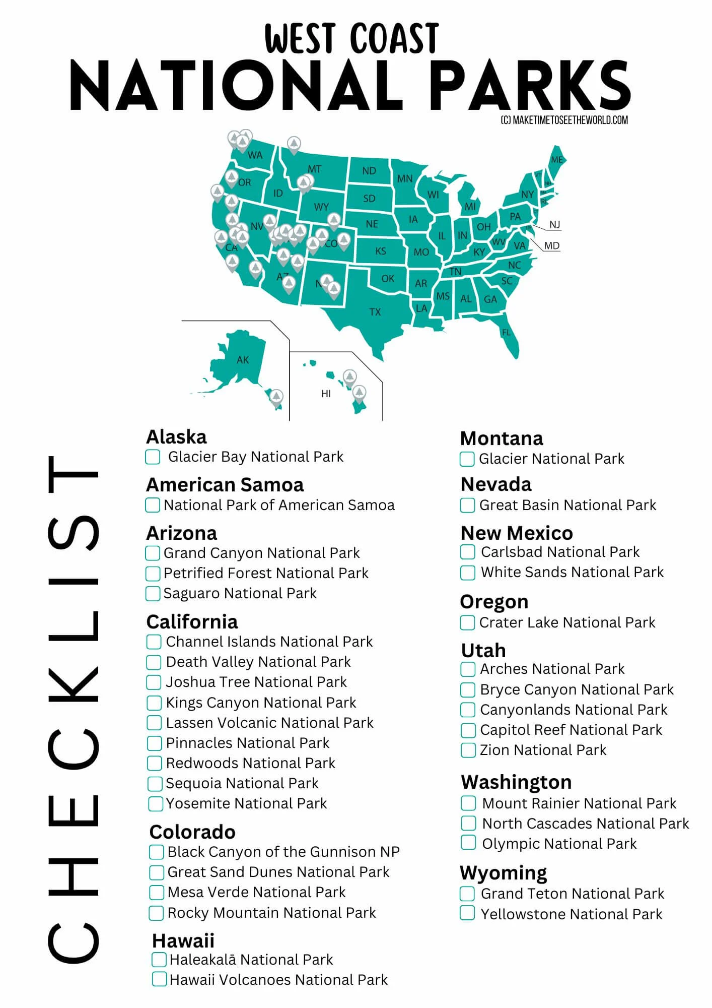 Free Printable West Coast National Parks Checklist