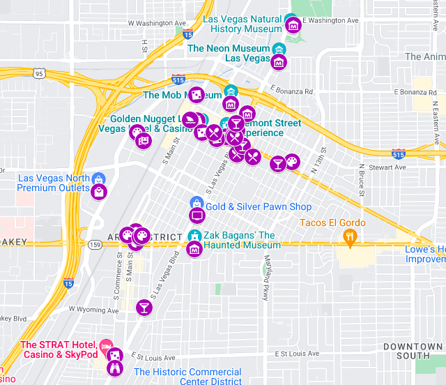 Map with marked points of Things to do in Downtown Las Vegas