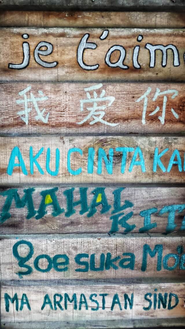 Words from different languages written on individual wooden boards