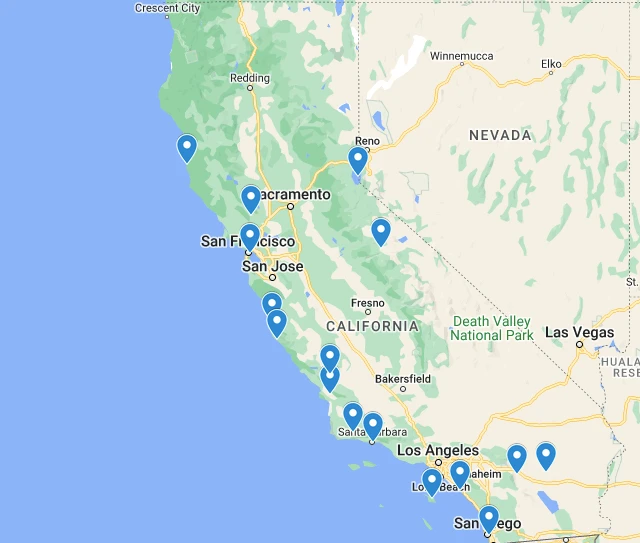 Map of Romantic Getaway Destinations in California