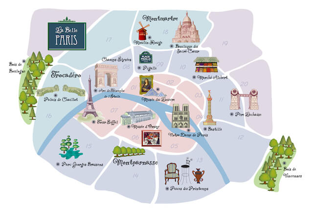 Paris map with major attractions and arrondisment boundaries