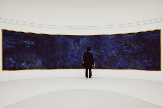 Person looking at a large curved paining on the wall in the Musée de l'Orangerie 