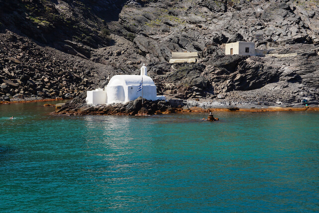 Small church at the hot springs on Palea Kameni Volcanic Island