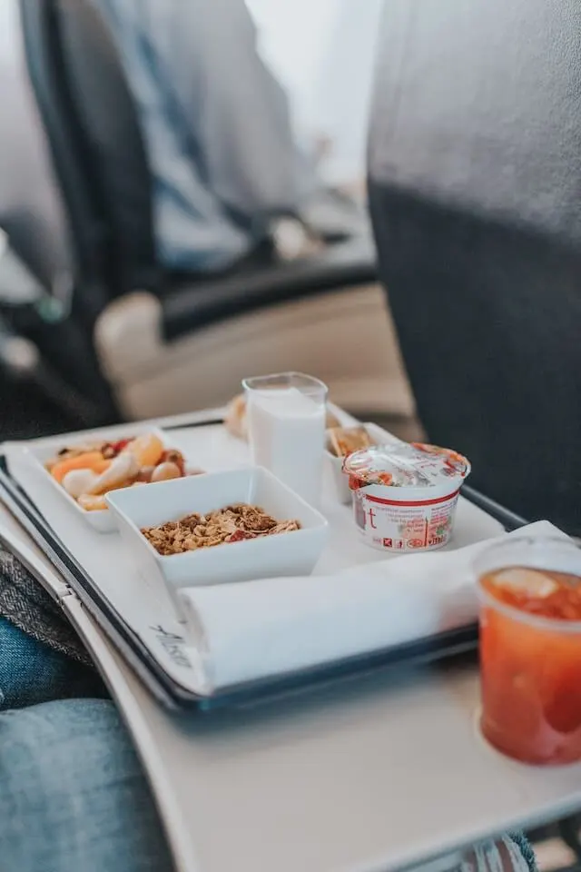 Airline meal on the fold out tray table
