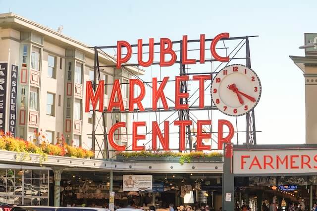 Pike Place Public Market Center Sign with Clock