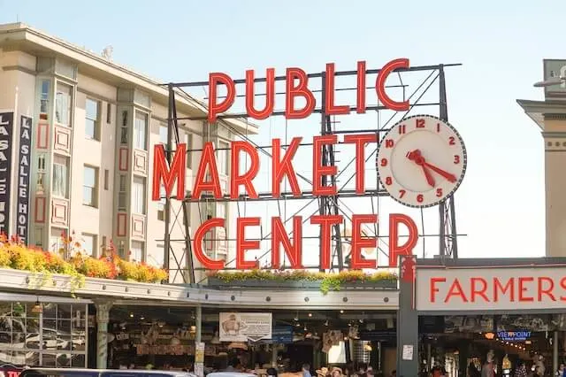 Pike Place Public Market Center Sign with Clock