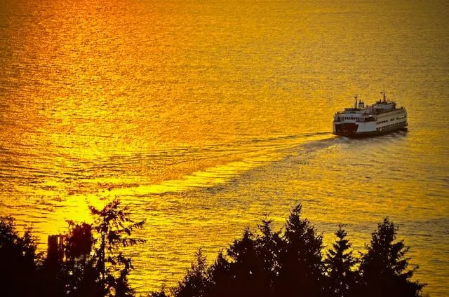 Seattle Ferry on the water at sunset