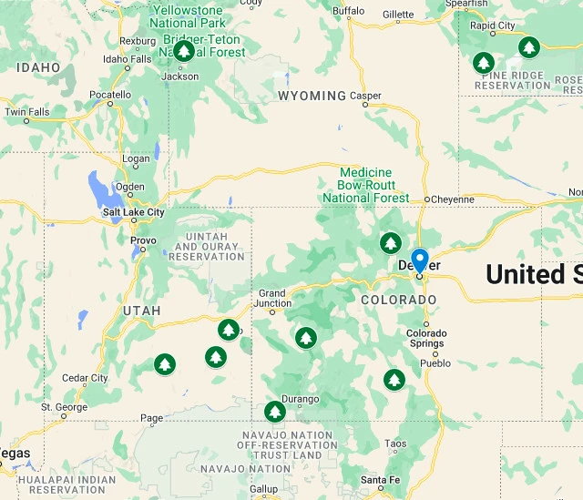 Map of National Parks near Denver Colorado